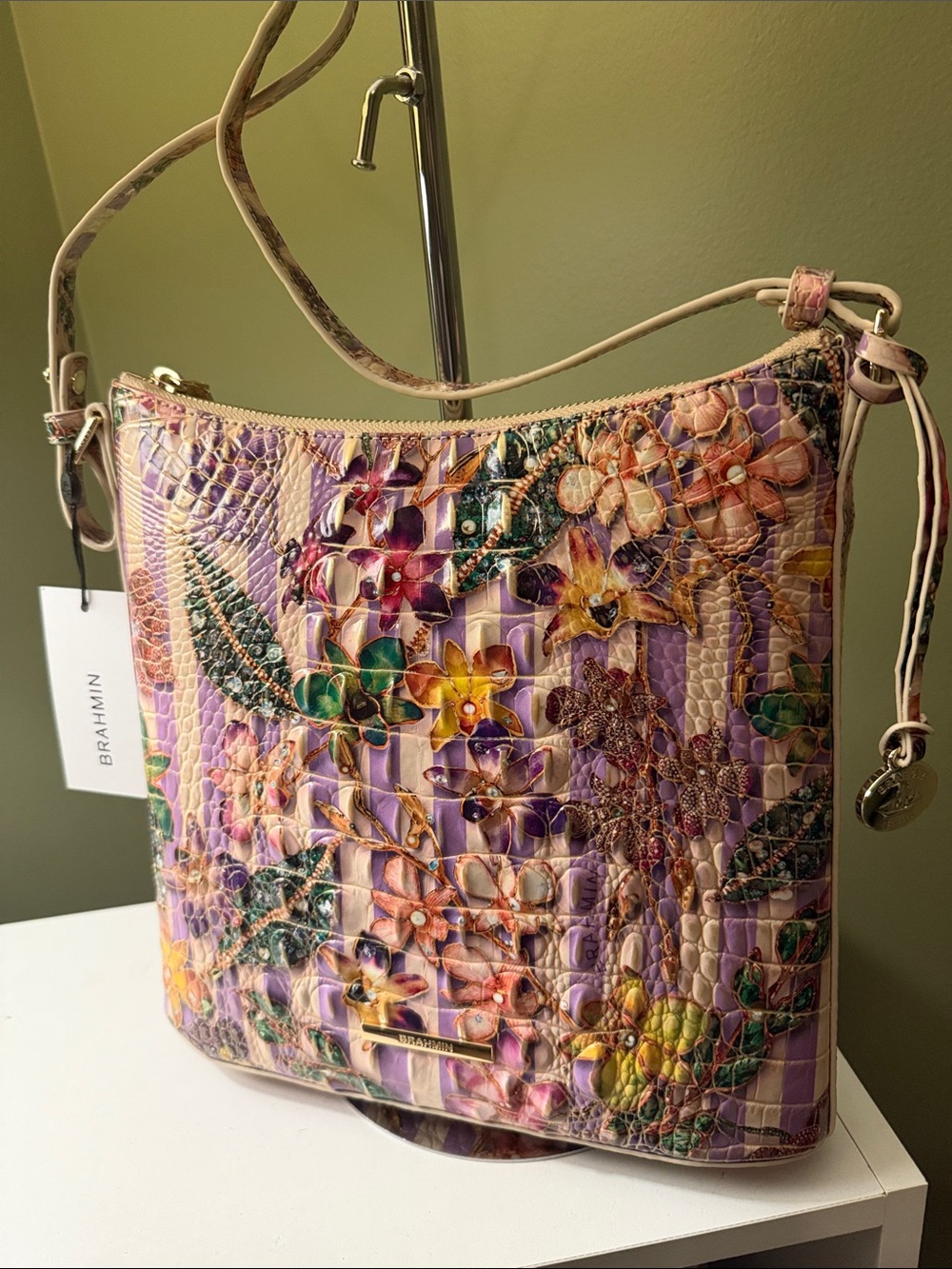 Brahmin NWT Katie Pinstripe Petals Melbourne Croc-Embossed Leather Crossbody - Picture 2 of 5